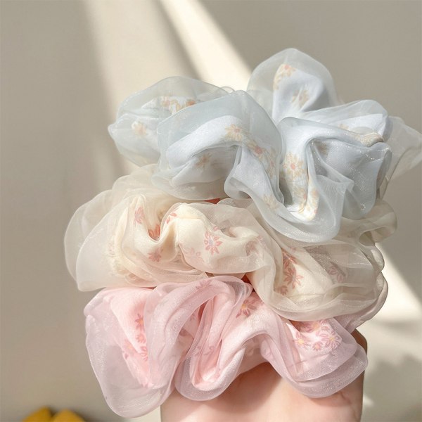 Dobbeltlags Silke Organza Scrunchies Søde Blomster Hårbånd Til S Blue