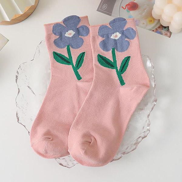 Bomull Damstrumpor Casual Andas n Style Cartoon Flower Ca Pink
