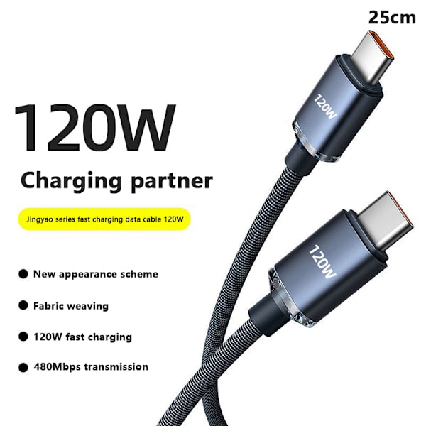 120W USB C till typ C-kabel för IPhone 15 Pro Max 13 Oneplus PO Black-25cm