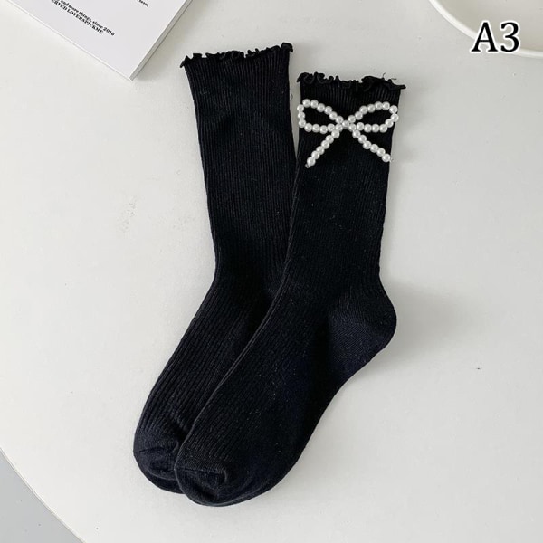 1Pari Pearl Calf Socks Tyttösukat Musta Valkoinen JK Middle Tube La A3