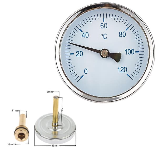 1 stk bimetalltermometer med kobberkappe 120°C vanntemperatur