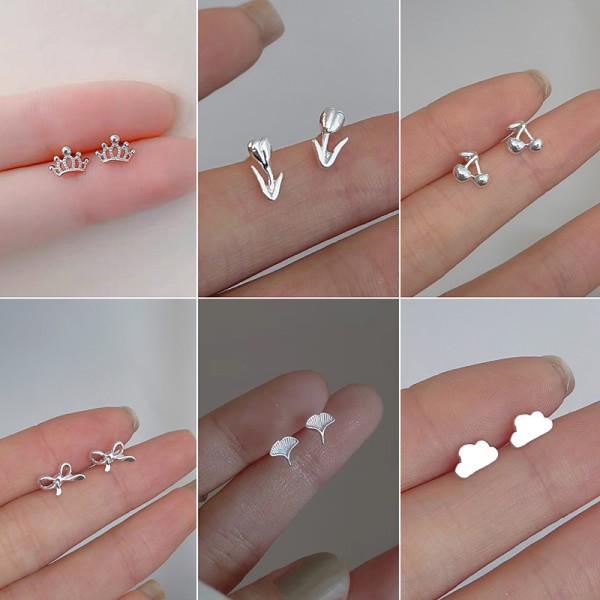 1 Par Minimalist Silver s Ear Studs Tulip Cherry Small Love Hea A12