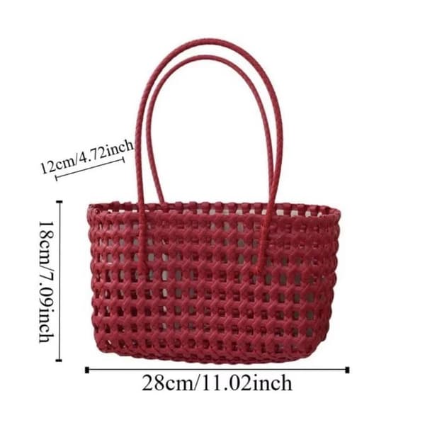Hul vevd veske i plast, landlig stil, stor kapasitet, strand Red