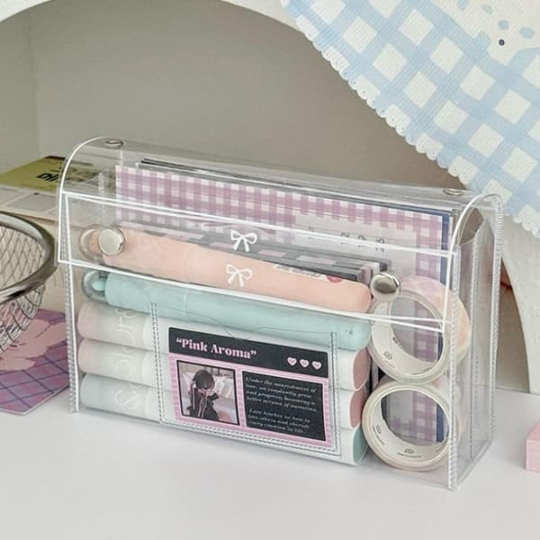 PVC Transparent Knapp Pennfodral Stor Kapacitet Vertikal Enkel