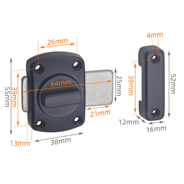 Dörrlås Gjuten metallkrok Spärrlås Toalettdörrar rät vinkel S Black Large