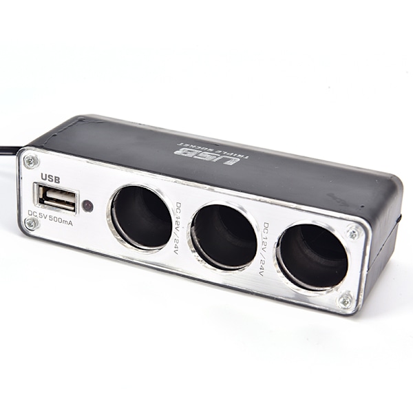 Sort 3-veis Multi Socket Bil Lighter Splitter USB-lader