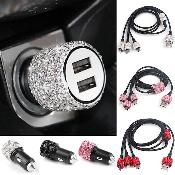 Kvinner Krystall Dual USB Port Bil Rask Rhinestones Bling Lader PK1