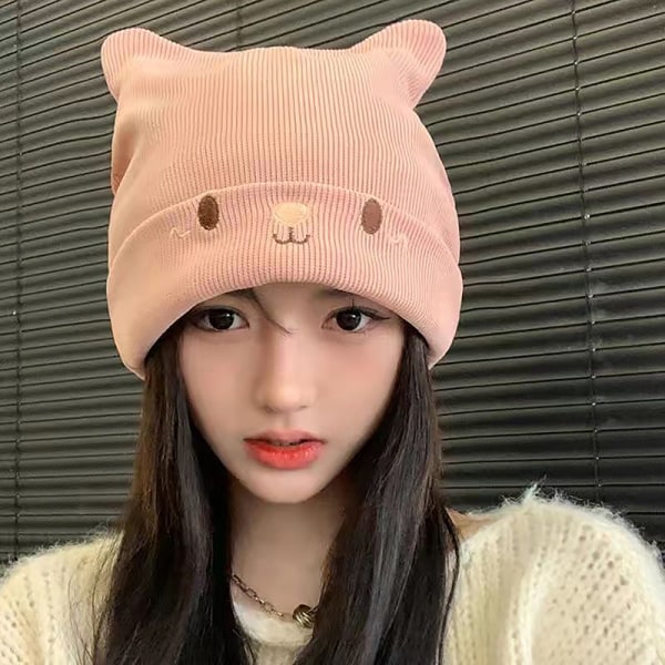 e Cat Broderad Stickad Hat Outdoor Warm Ear Protection Cat E Khaki