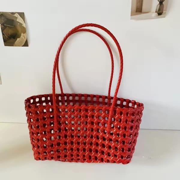 Plast ihålig vävd väska lantlig stil stor kapacitet strand Red