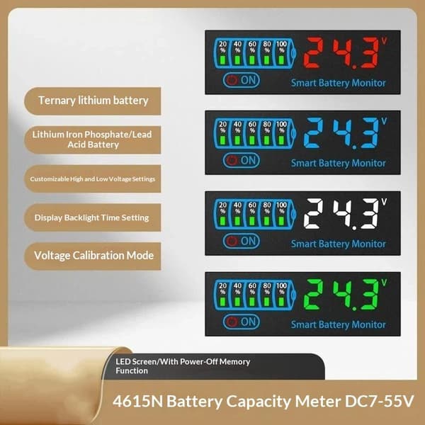 Smart batterimonitor DC 7-55V LED-skjerm med strømavbruddsminne for White