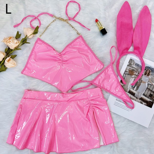 4kpl/ set Latex Neon Pink Alusvaatteet Bunny Sexy PVC Outfit Love He Pink K