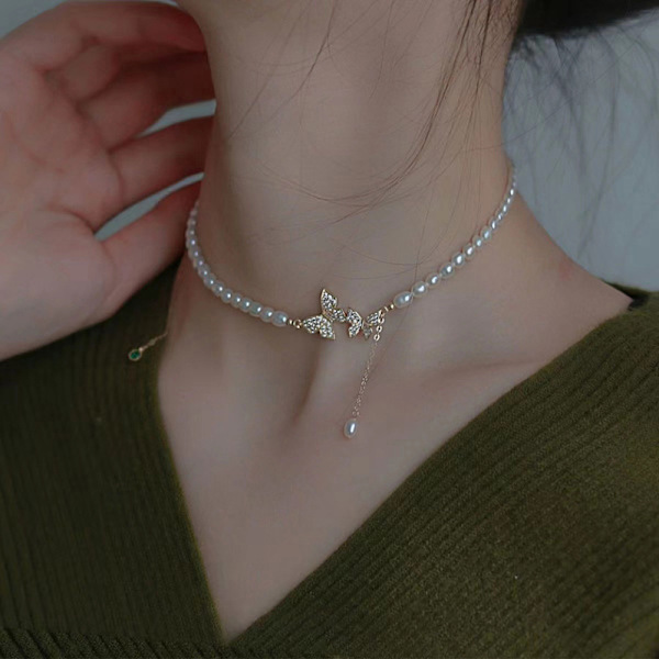 Sommar dubbel strass fjärilshalsband Mode vit Imita