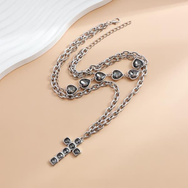 Mode Sort Rhinestone Kors Vedhæng Stablet Hjerte Halskæde W
