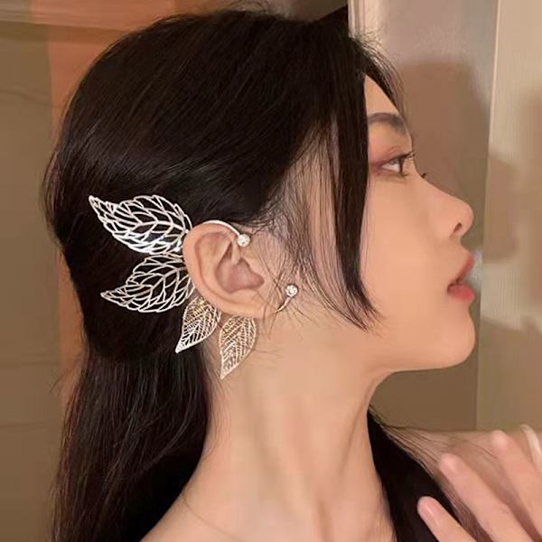 1 Stk Chic Elf Ear Cuff Maple Leaf Hollowed Zircon Leaf Cosplay Silver Left ear