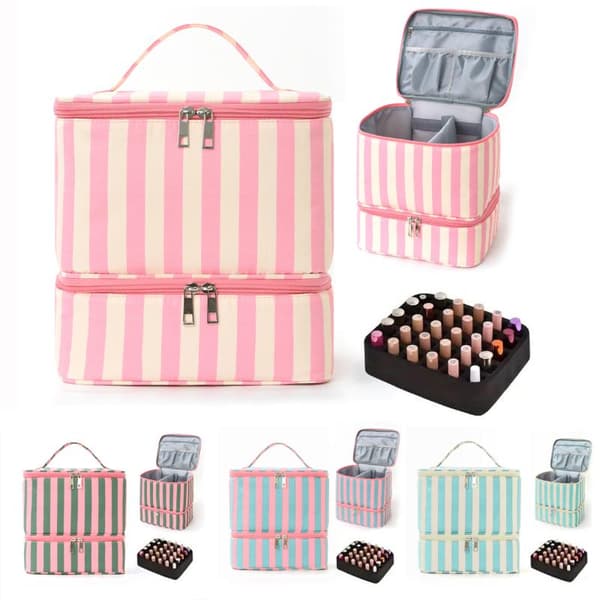 Dubbelskikts nagellacksförvaringsväska, eterisk oljeväska, bärbar Blue pink