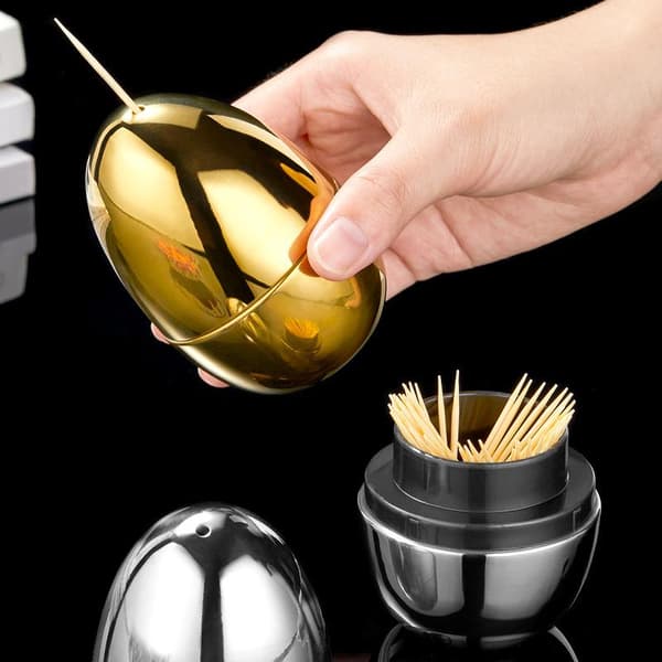 Ægformet tandstikholder 304 rustfrit stål tandstikbeholder Silver