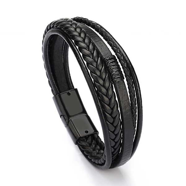 Trendy læderarmbånd mænd rustfrit stål flerlags flettet 4