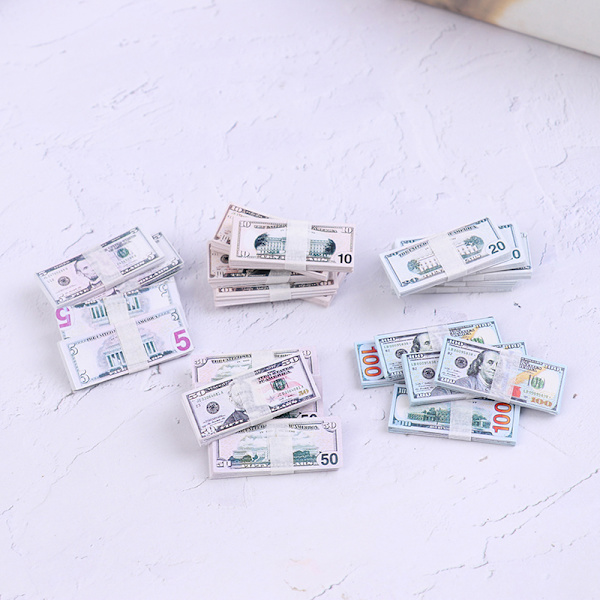 100 kpl / set 1:12 nukkekoti 5/10/20/50/100 dollarin valuutta bankno 5 USD,100pcs
