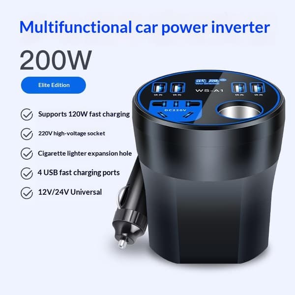 200W Bilstrømomformer 12V/24V til 220V Konverter LED Display C B