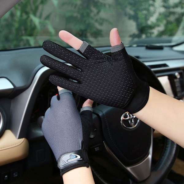 1 par Anti-Slip andningsbara fiskehandskar Two Finger Slitstark O Gray