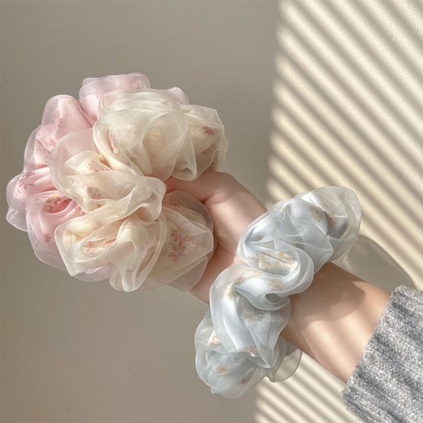 Double Layer Silk Organza Scrunchies Sweet Flower Hårband För S Beige