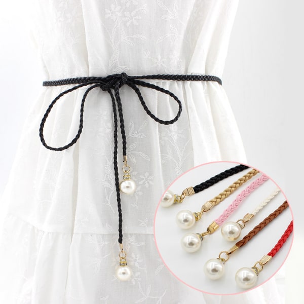 Creative Thin PU Belt Simulated Pearl midjebälten Silver