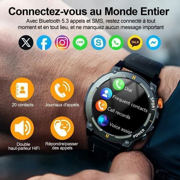 LOSEI Älykello Bluetooth-kutsut 180+ Tilaa 1.52" HD Terveystieto IP68 Trendikaulakoru Android/iOS Musta Sort