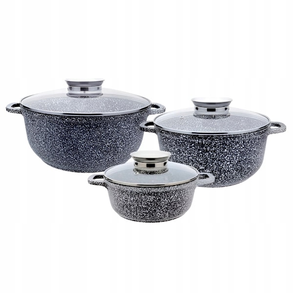 Kastrullset 6-delars Hemberg - keramisk marmorerad beläggning - 2.3/4.5/6.8 l - tål diskmaskin - för alla typer av spishällar - svart HB-7040