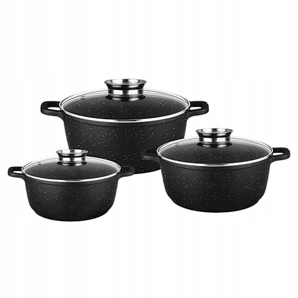 Kastrullset 6-delars Hemberg - non-stick marmor grytset 2.3/4.5/6.8 l - gjutet aluminium med glaslock - svart - induktion HB-7016