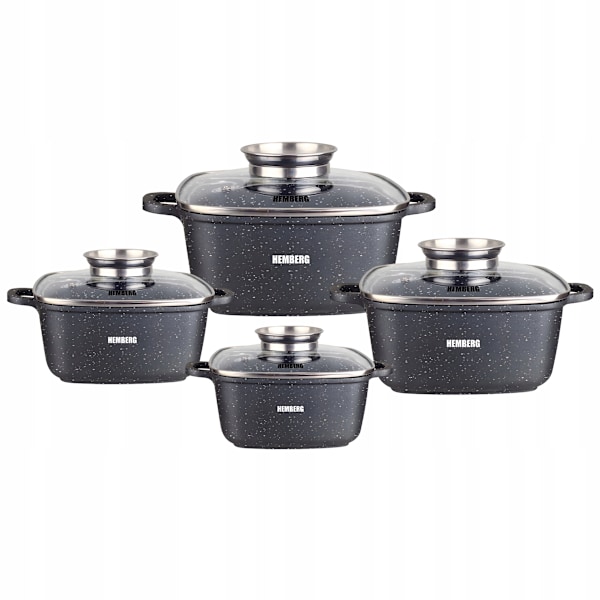 Kastrullset Hemberg 8-delars - fyrkantiga grytor med marmorerad non-stick-beläggning - svart - glaslock - tål diskmaskin HB-7051