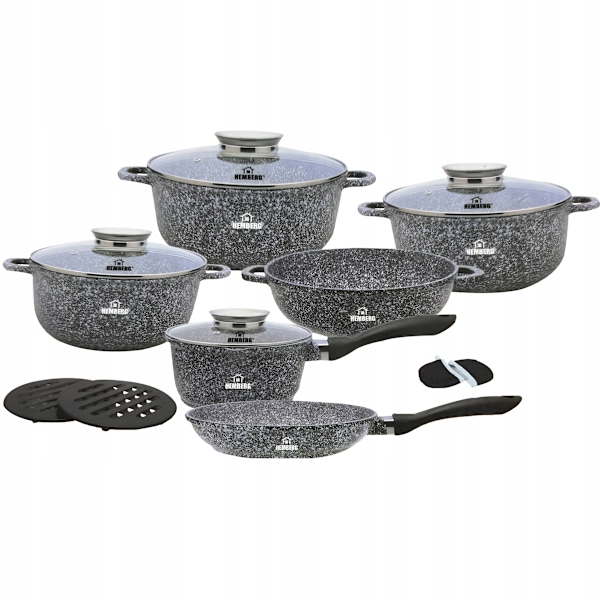 Kastrullset Hemberg 14-delars - gjutet aluminium med non-stick-beläggning - för alla spistyper - värmetåligt glaslock - grå HB-7042