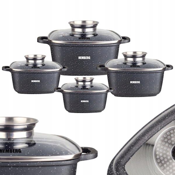 Kastrullset Hemberg 8-delars - fyrkantiga grytor med marmorerad non-stick-beläggning - svart - glaslock - tål diskmaskin HB-7051
