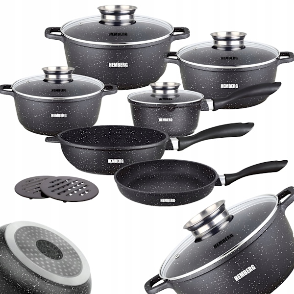 Kastrullset 12-delars Hemberg - non-stick marmor gryta och stekpanna - gjutet aluminium med glaslock - svart - induktion - flerskiktsbotten HB-7019
