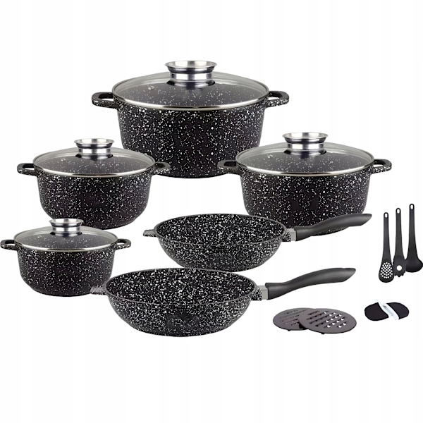 17-delars grytset med glaslock Hemberg - kastruller, stekpannor och redskap - gjutet aluminium - keramisk marmorerad non-stick- svart  HB-7052