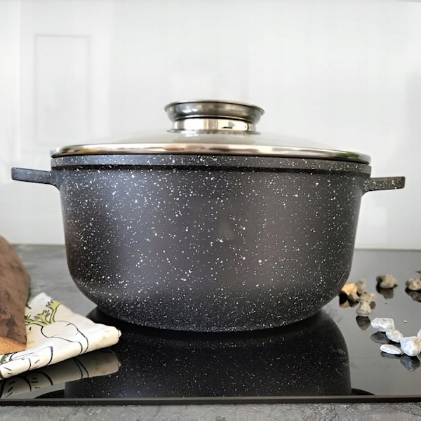 17-delars grytset med glaslock Hemberg - kastruller, stekpannor och redskap - gjutet aluminium - keramisk marmorerad non-stick- svart  HB-7052