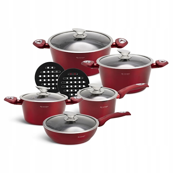 Edenberg Kastrullset i aluminium, 12 delar – keramisk marmorerad non-stick-beläggning, metallröd – EB-5614