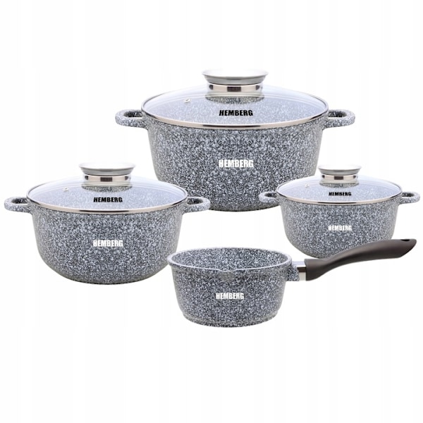 Kastrullset 7-delars Hemberg - gjutet aluminium med non-stick-beläggning 1.3/2.3/4.5 l - för alla spistyper - värmetåligt glaslock - grå HB-7039