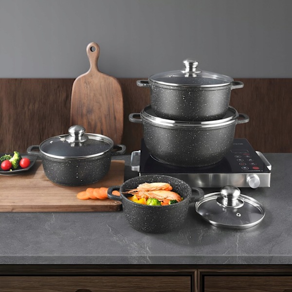 Kastrullset Hemberg i marmor, 8 delar – med keramisk marmorerad non-stick-beläggning, svart – HB-7049