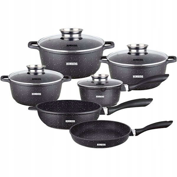 Kastrullset 12-delars Hemberg - non-stick marmor gryta och stekpanna - gjutet aluminium med glaslock - svart - induktion - flerskiktsbotten HB-7019