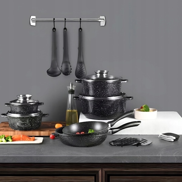 17-delars grytset med glaslock Hemberg - kastruller, stekpannor och redskap - gjutet aluminium - keramisk marmorerad non-stick- svart  HB-7052