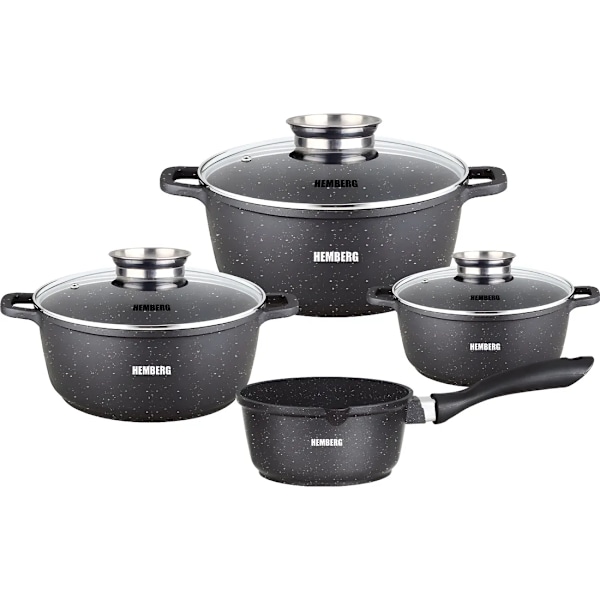 Kastrullset Hemberg 7-delars - aluminium med keramisk marmorbetsbeläggning - 1.3l/2.3l/4.5l - svart - ferromagnetisk flerskiktsbotten HB-7015