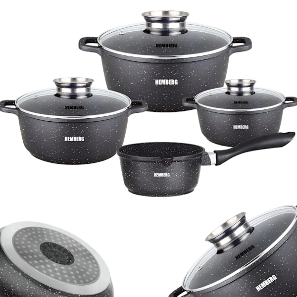 Kastrullset Hemberg 7-delars - aluminium med keramisk marmorbetsbeläggning - 1.3l/2.3l/4.5l - svart - ferromagnetisk flerskiktsbotten HB-7015