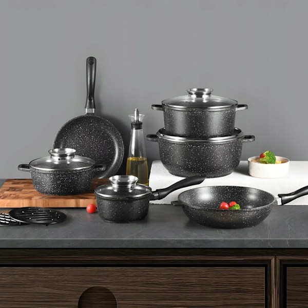 Kastrullset 12-delars Hemberg - non-stick marmor gryta och stekpanna - gjutet aluminium med glaslock - svart - induktion - flerskiktsbotten HB-7019