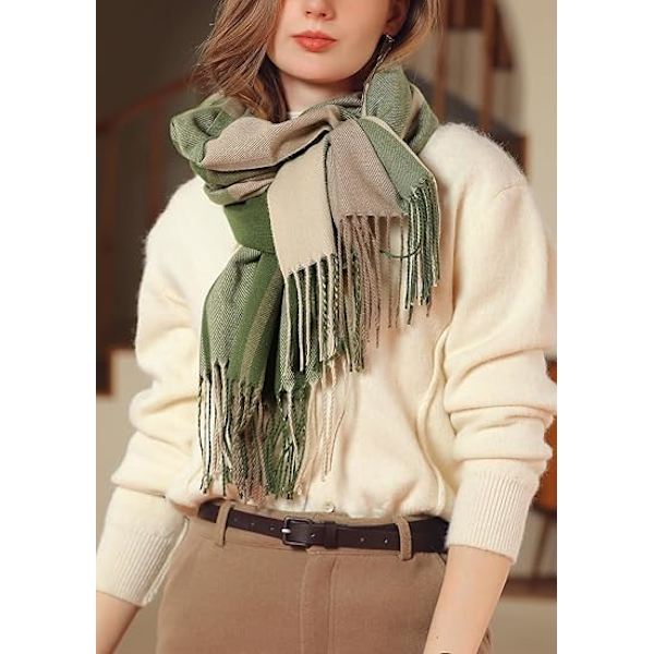 Dammode Halsdukar Lång Cashmere Liknande Sjal Vinter Varma Stickade Stora Kvast Rutig Halsduk 65*180CM  grön