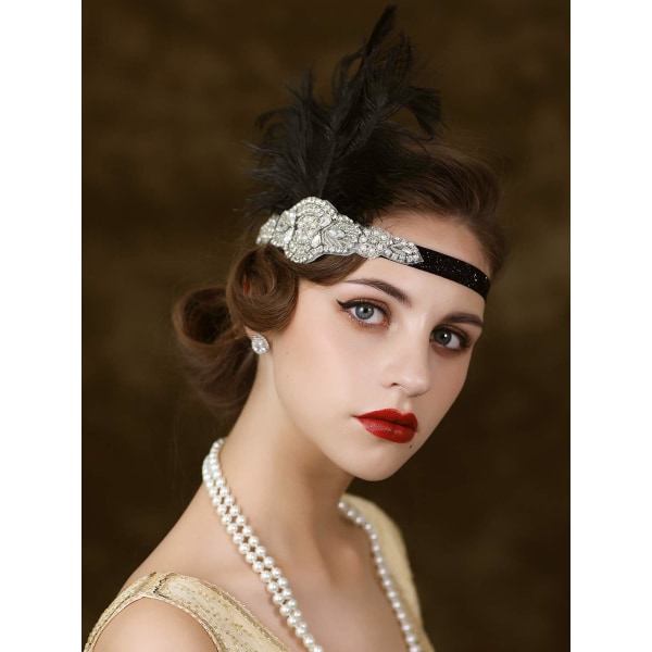 1920-talls hodeplagg Flapper pannebånd, Rhinestone fjær Great Gatsby hodeplagg hårtilbehør for kvinner (svart)