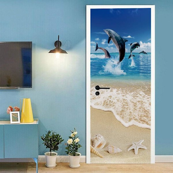 Dörrdekal Trompe l'oeil Effekt 3D Tapet kompatibel Innerdörr Kontor Sovrum Vardagsrum Badrum Delfinmönster 77 x 200 cm