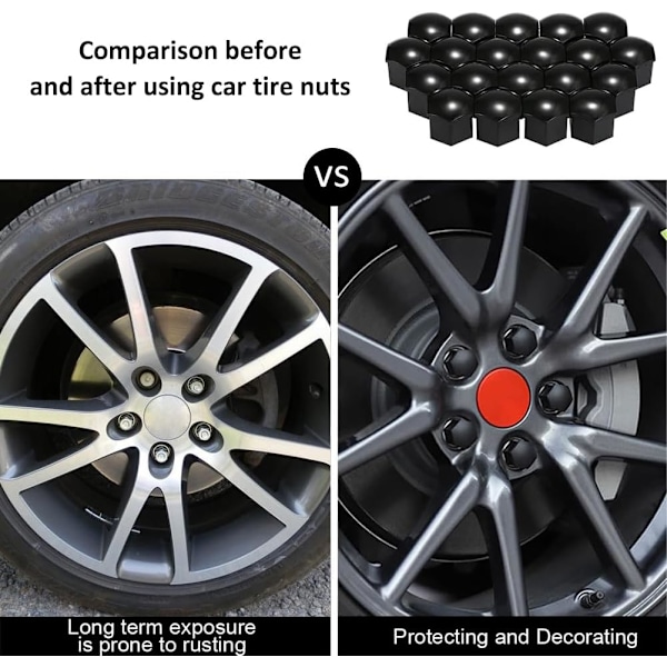 Pakke med 20 17mm hjulmøtrikhætter, hjulboltmøtrikhætter, sekskantede dækmøtrikhætter med fjernelsesværktøjssæt til biler, sort