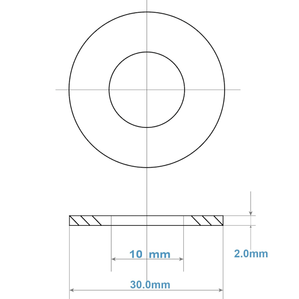 M10 Metallskiver, 20 stk. Skiver i rustfritt stål, M10 x 30 mm flate skiver, 304 rustfrie stålskiver, Penny-skiver for skruer og muttere