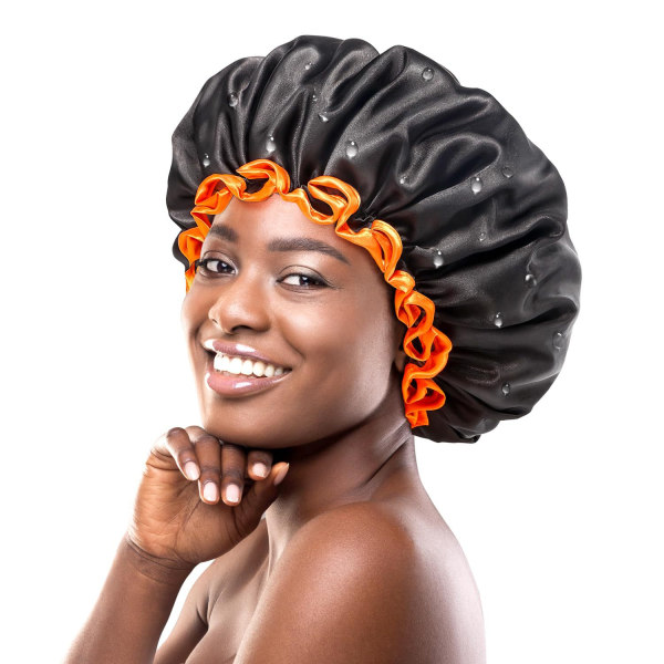 Stor dusjhette for kvinner langt hår, svart, gjenbrukbar vanntett dobbel
