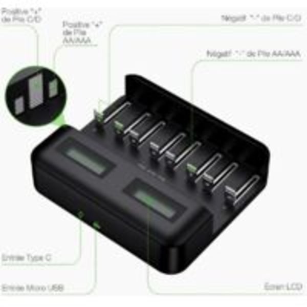Oppladbar Batterilader Høy Kapasitet Holdbarhet 8 Plasser med LCD-Skjerm for AA/AAA/C/D Batterier